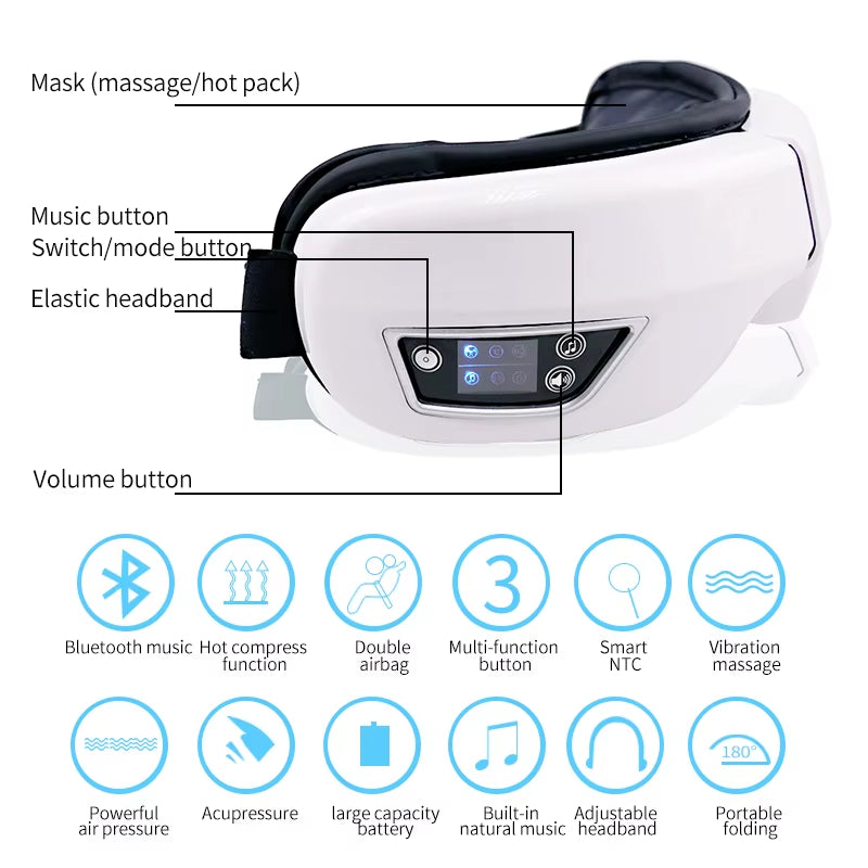 Electric Smart Eye Massager 6D Airbag Hot Compress Vibration Relieves Eye Fatigue Dark Circles Music Relax Eyes Massage Device